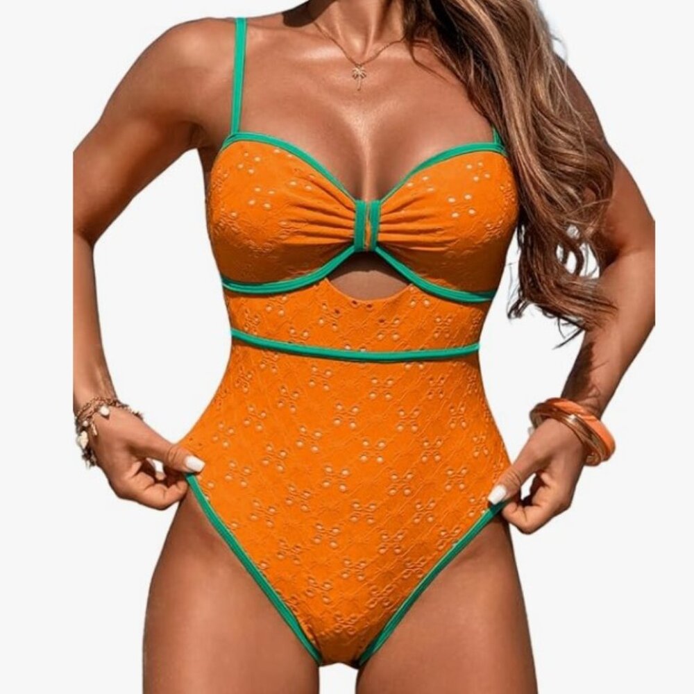 NWOT Monokini One-piece Swimsuit Tummy Control Colorblock Retro Orange Green